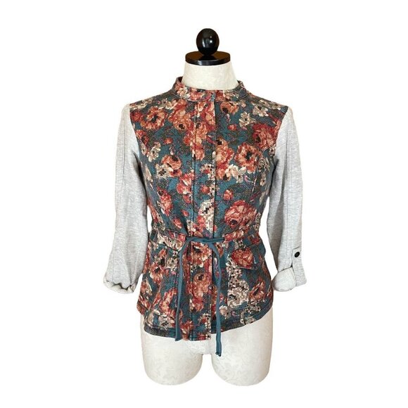Saturday Sunday Top Blouse Long Sleeve Pockets Knit Lace Tie Floral Gray Sz XS - Picture 1 of 10
